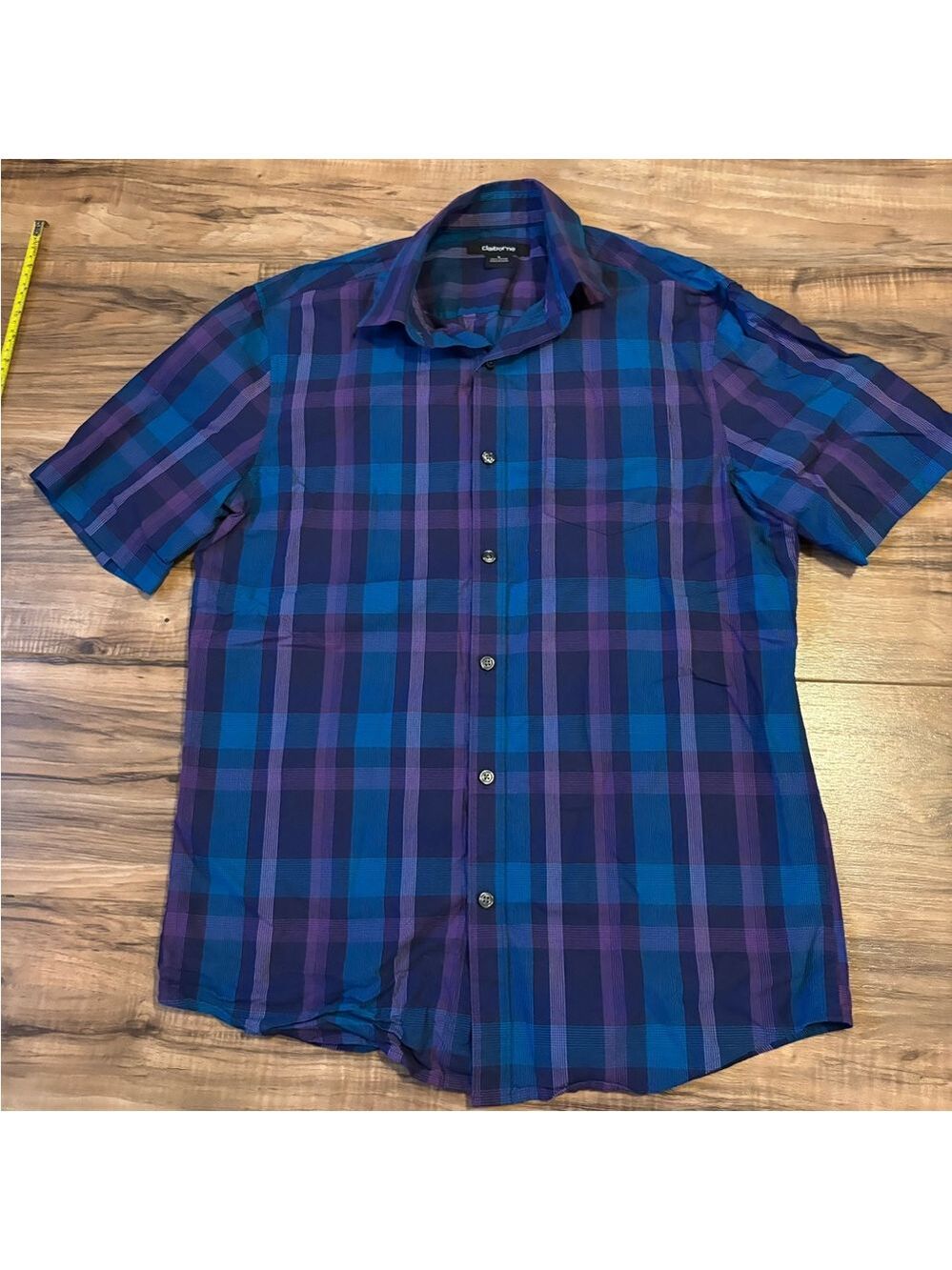 Claiborne Men's Blue and Purple Checkered Shirt